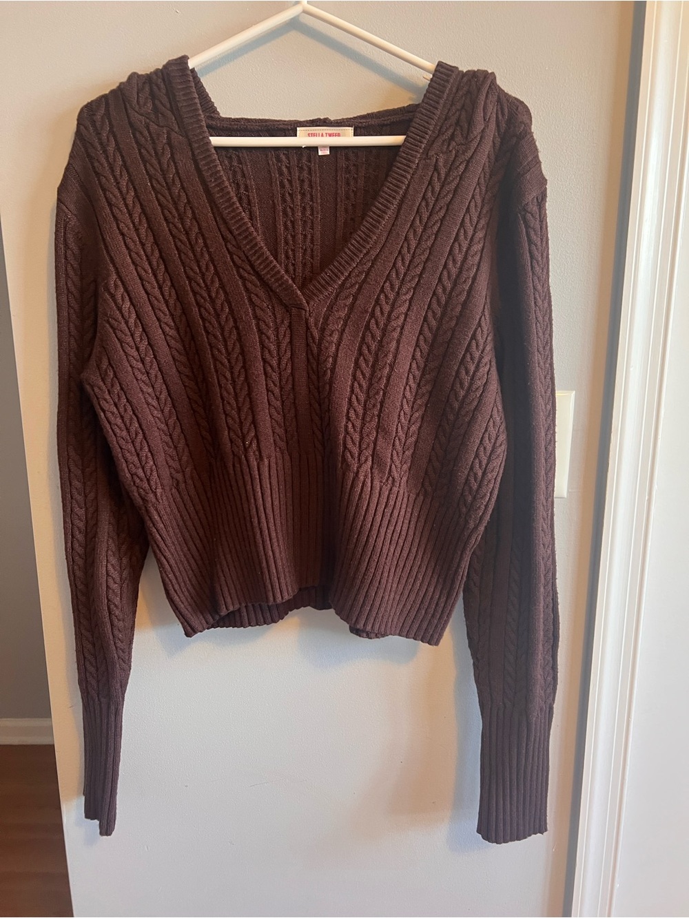 Stella Tweed Chocolate Brown Cable Knit V-Neck Sweater